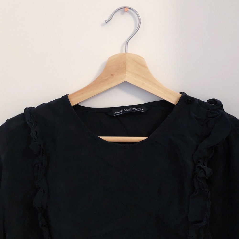 Zara Navy Button Down Ruffle Shirt